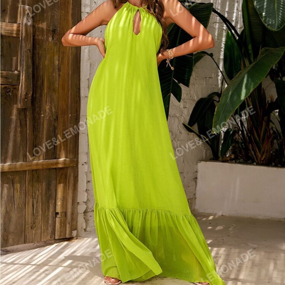 Green Ruffled Tiered Halter Maxi Sundress